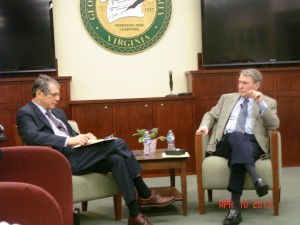 Journalist Jim Lehrer speaks with Jack Censer, dean of Mason's College of Humanities and Social Sciences.